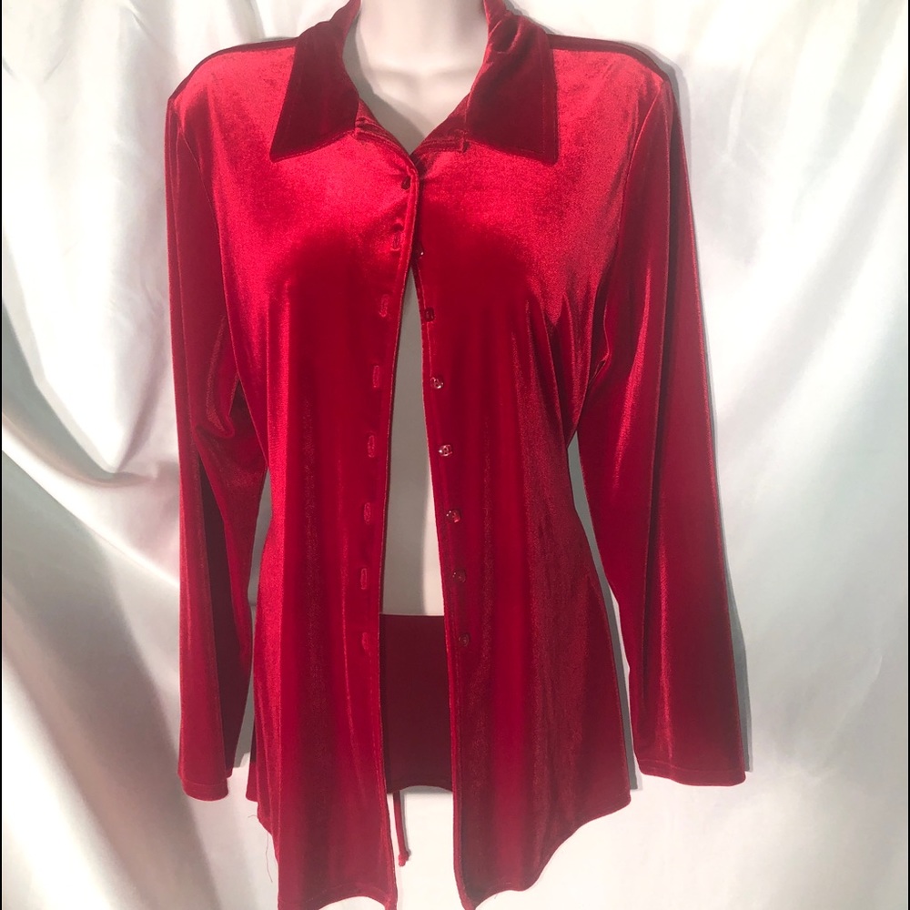 Red Velvet button-up, tie-back top. Perfect condition! Kathy Lee Collection.